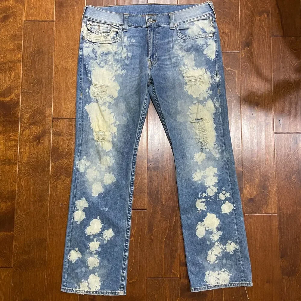 True Religion Straight Leg Bleached Distressed Denim Blue Jeans Men's Size 40